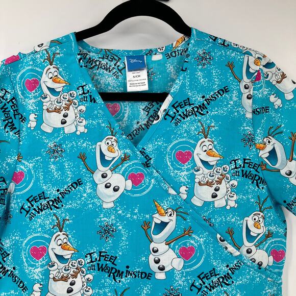Disney Blue Frozen Olaf Snowman Feel Warm Short Sleeve Scrub Nurse Top Shirt - Picture 4 of 8